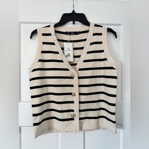 Sleeveless Striped Button-Front Knit Top - Cream/Black